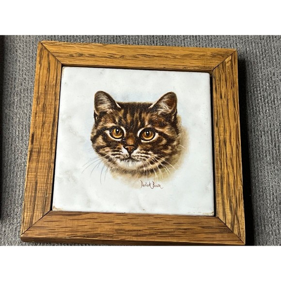 Cat Ceramic Wood Framed Tile Derick Bown Artist Signed Coasters Lot Of 4 - Picture 4 of 9